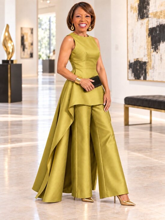 Passion of Essence Pants - Golden Olive Layered Wide-Leg Formal Jumpsuit Size Large